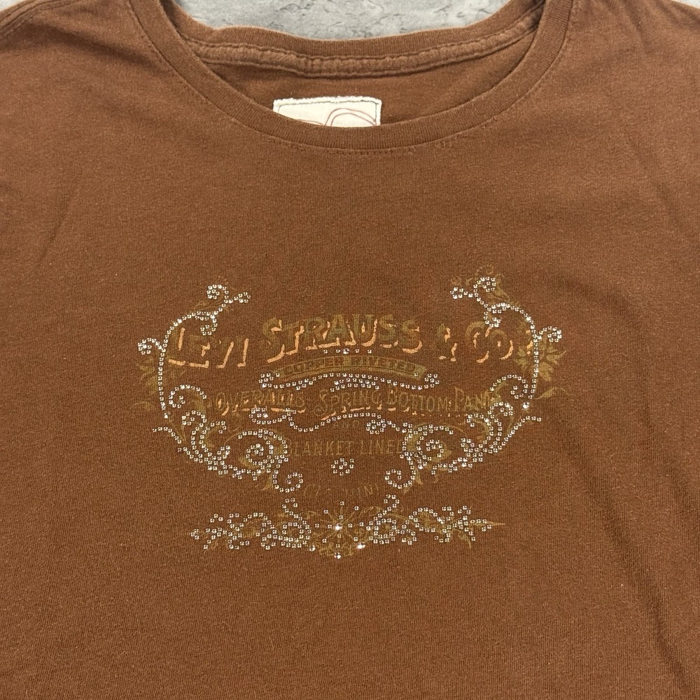 Levi Red Tab Shirt Women XL Brown Rhinestone Silver Bedazzle Jewel Y2K Babydoll